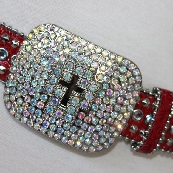 Western Red Bling Cross Belt & Buckle Aurora Borealis AB Crystal Accent ML - Picture 7 of 10